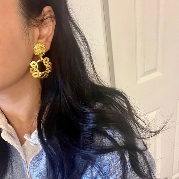 CHANEL Large Vintage Gold CC Logo Dangle Clip On Earrings